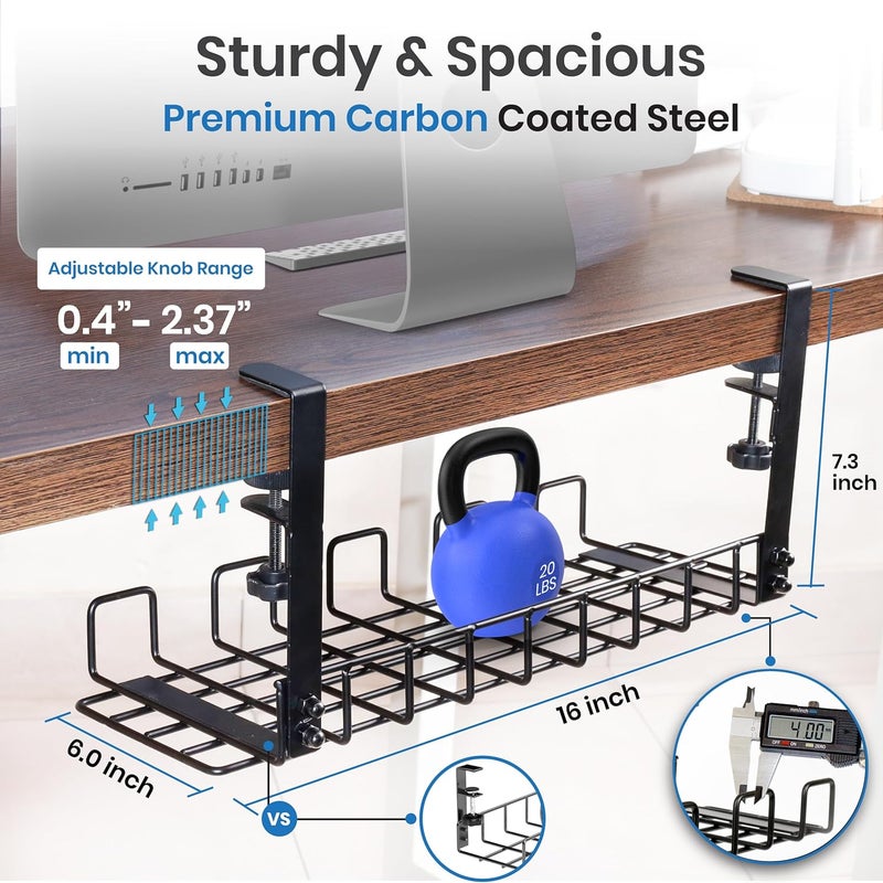 WTADAY Under Desk Cable Management Tray, 16” No Drill Cord Organizer with Clamps for Wire Management, 4mm Sturdy Wire Desk Cable Organizer Tray, Cable Management Rack for Office - Image 3
